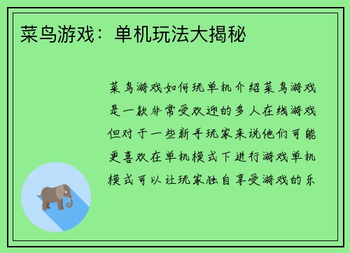 菜鸟游戏：单机玩法大揭秘