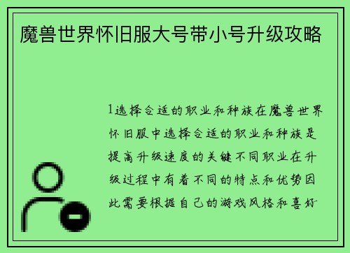 魔兽世界怀旧服大号带小号升级攻略